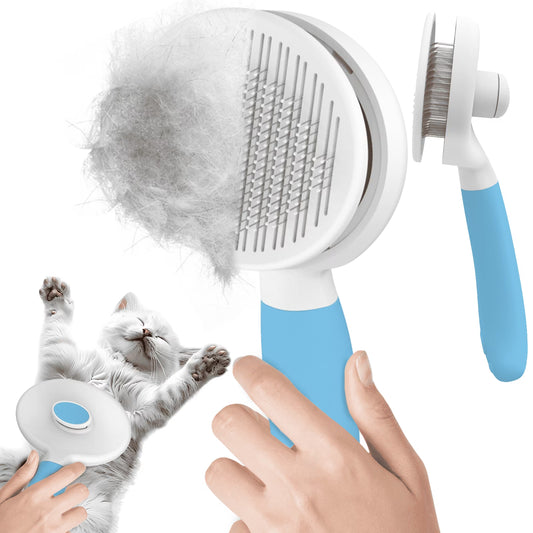 Cat & Dog Grooming Brush – Self-Cleaning Slicker Brush for Shedding, Removes Loose Fur & Tangles, Gentle & Skin-Friendly, Perfect for All Coat Types – Blue
