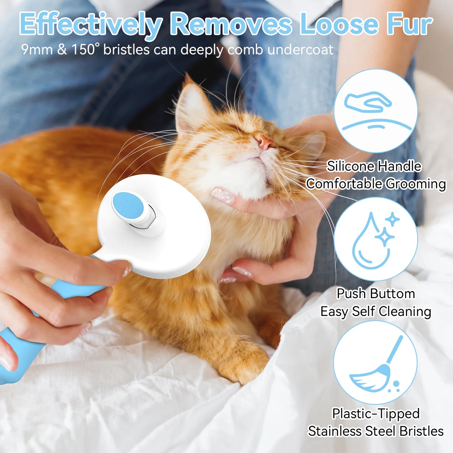 Cat & Dog Grooming Brush – Self-Cleaning Slicker Brush for Shedding, Removes Loose Fur & Tangles, Gentle & Skin-Friendly, Perfect for All Coat Types – Blue